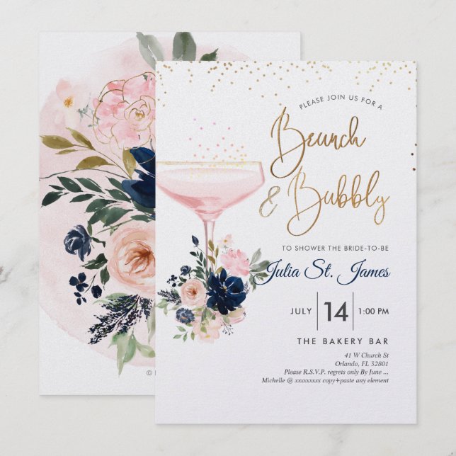 Blush+Navy Flowers Brunch Bubbly Pink Champagne Invitation (Front/Back)