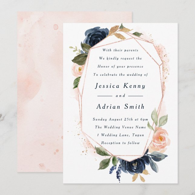 Blush & Navy Flowers Geometric All Seasons Wedding Invitation (Front/Back)