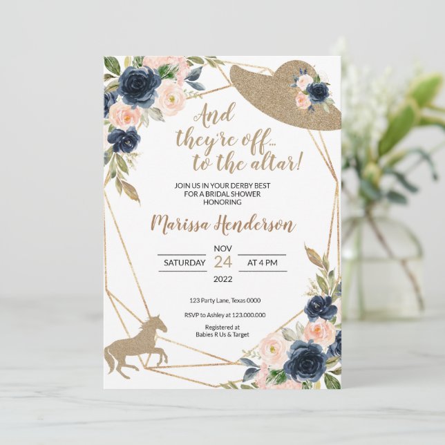 Blush & Navy Flowers Kentucky Derby Bridal Shower Invitation (Standing Front)