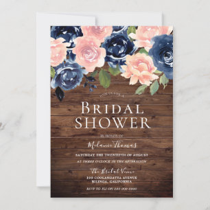 Blush & Navy Flowers Rustic Wood Bridal Shower Invitation