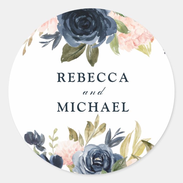 Blush & Navy Flowers Wedding or Engagement Party Classic Round Sticker (Front)