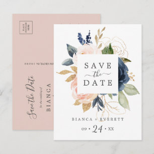 Blush & Navy Flowers White Save the Date Postcard