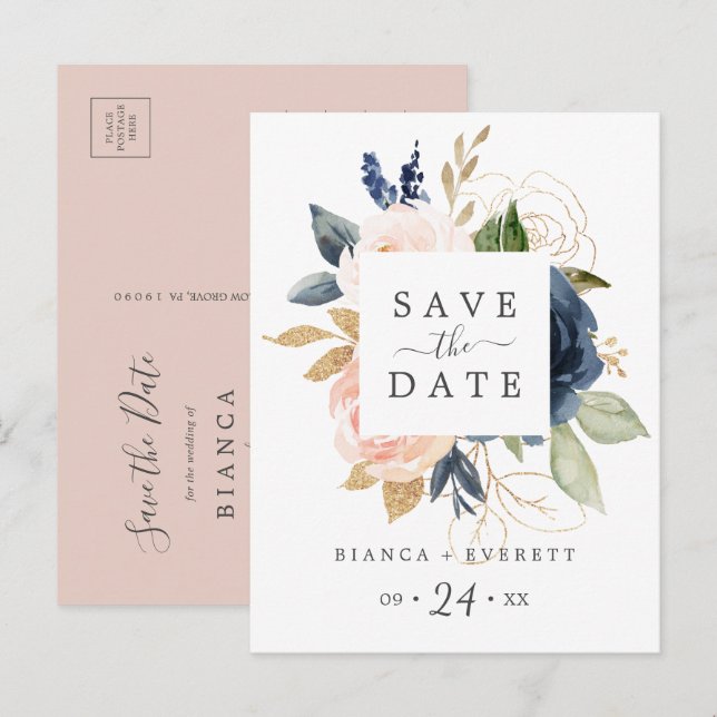 Blush & Navy Flowers White Save the Date Postcard (Front/Back)