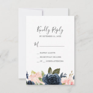 Blush & Navy Flowers   White Simple RSVP Card
