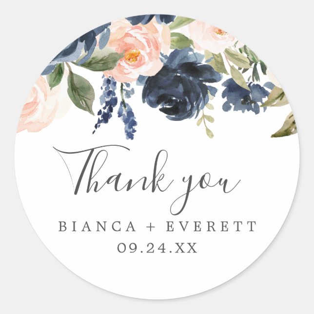 Blush & Navy Flowers White Thank You Favour Sticke Classic Round Sticker (Front)
