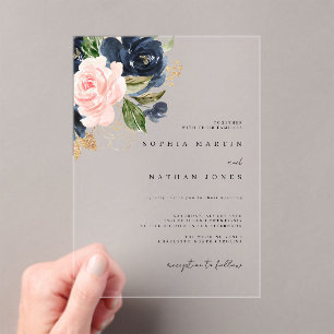 Blush Navy Gold Watercolor Florals Wedding   Acrylic Invitations