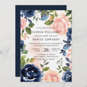 Blush & Navy Hand Painted Watercolor Floral Invitation