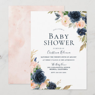 Blush & Navy Peach Flowers Baby Shower Invitation