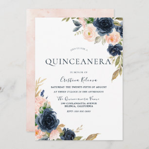 Blush & Navy Peach Flowers Quinceanera Party Invitation