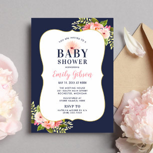 Blush Navy Pink Floral Watercolor Girl Baby Shower Invitation