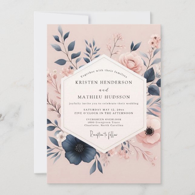 Blush & Navy Poetic Bloom Wedding Invitation (Front)