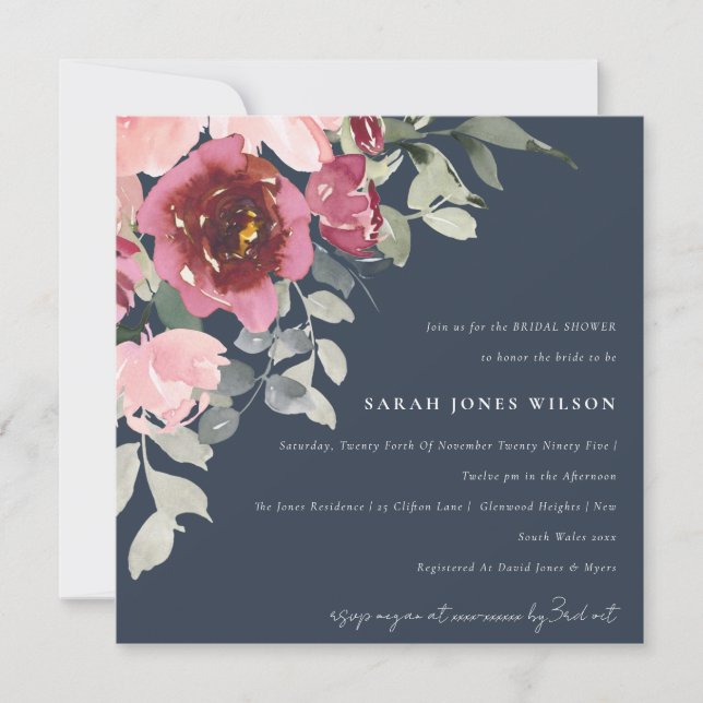 BLUSH NAVY RED ROSE FLORAL BRIDAL SHOWER INVITE (Front)