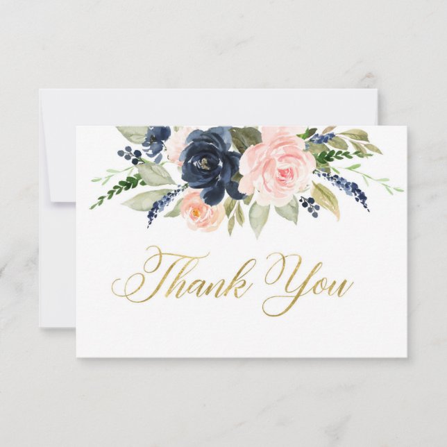 Blush navy thank you card, floral baby shower card (Front)