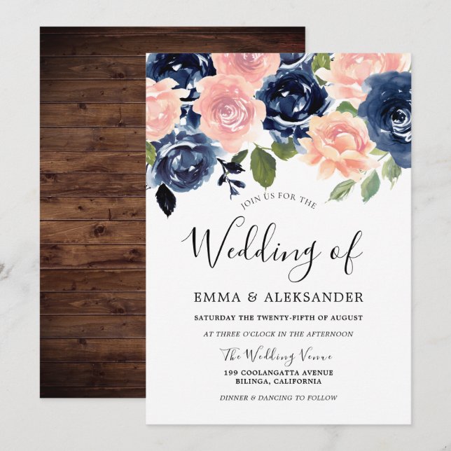 Blush & Navy Watercolor Floral Rustic Wedding Invitation (Front/Back)
