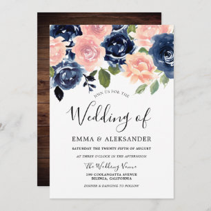 Blush & Navy Watercolor Floral Rustic Wedding Invitation