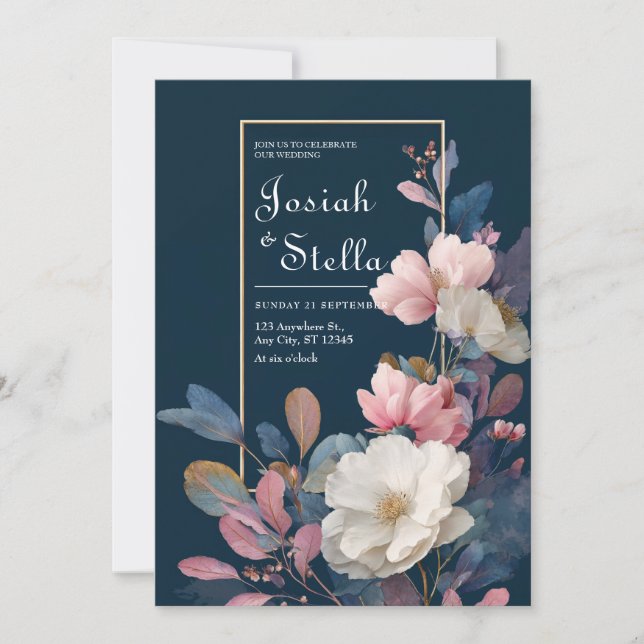 Blush & Navy Watercolor Floral Wedding Invitation (Front)