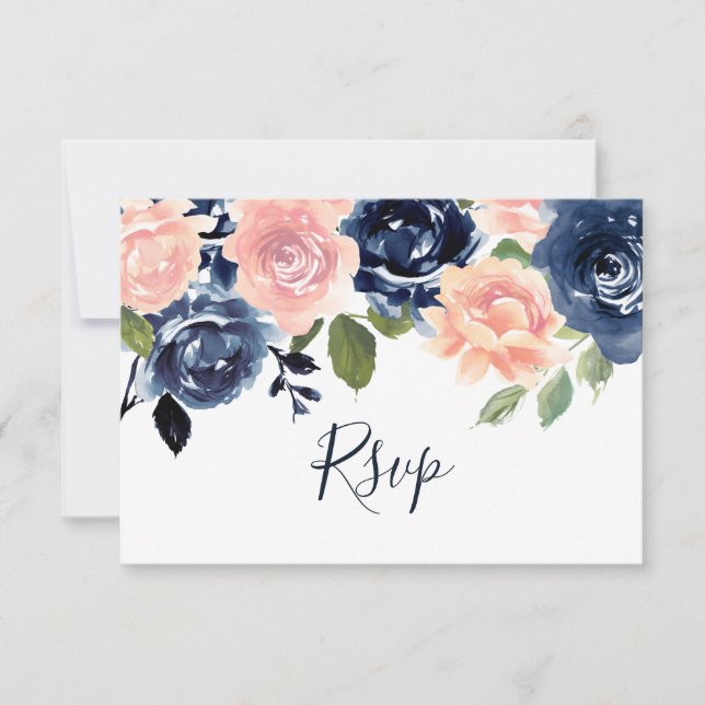 Blush & Navy Watercolor Floral Wedding RSVP Card (Front)