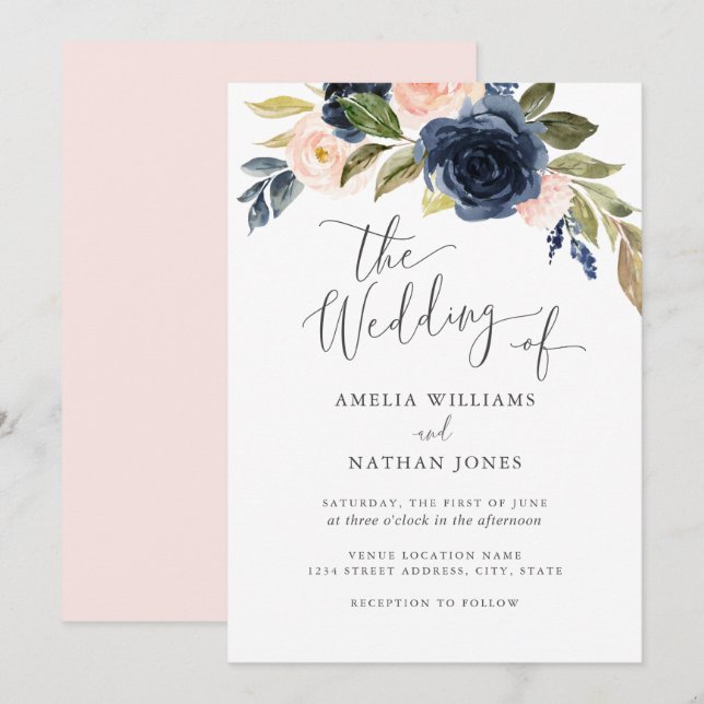 Blush Navy Watercolor flower Wreath Wedding Invitation (Front/Back)