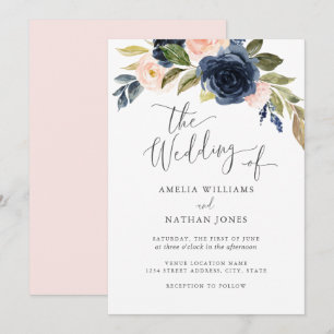 Blush Navy Watercolor flower Wreath Wedding Invitation