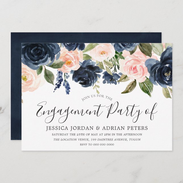 Blush & Navy Watercolor Flowers Engagement Party Invitation (Front/Back)