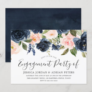 Blush & Navy Watercolor Flowers Engagement Party Invitation