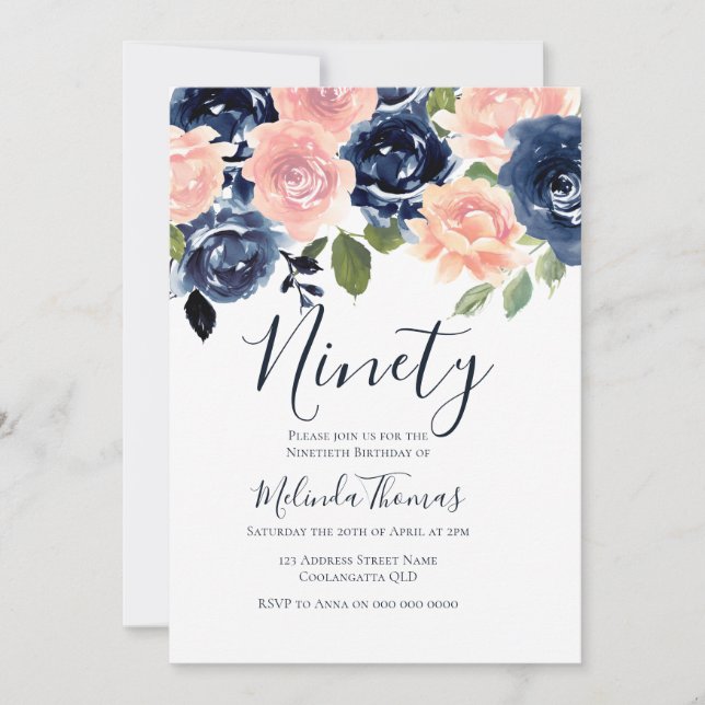 Blush & Navy Watercolor Ninetieth 90th Birthday Invitation (Front)