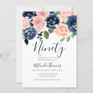Blush & Navy Watercolor Ninetieth 90th Birthday Invitation