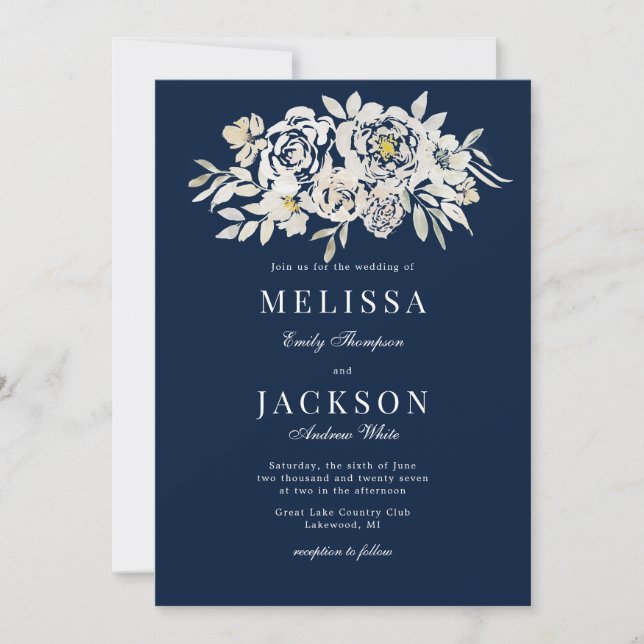 Blush & Navy Watercolor Roses Wedding Invitation  (Front)