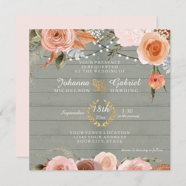 Blush Neutral Floral Rustic Sage Green Wood Leaf Invitation (Front/Back)