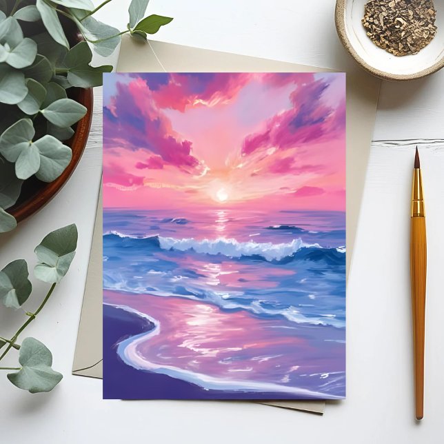 Blush Ocean Sunset Waves Watercolor Postcard (Creator Uploaded)