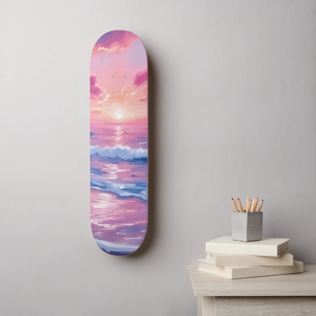 Blush Ocean Sunset Waves Watercolor Skateboard (Wall Art)