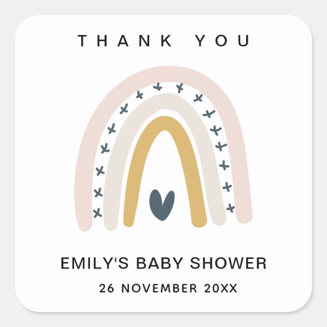 BLUSH OCHRE HEART RAINBOW BABY SHOWER THANK YOU SQUARE STICKER (Front)