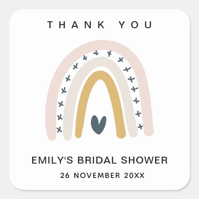 BLUSH OCHRE HEART RAINBOW BRIDAL SHOWER THANK YOU SQUARE STICKER (Front)