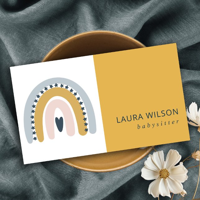 BLUSH OCHRE NAVY SCANDI HEART RAINBOW BABYSITTER BUSINESS CARD (Creator Uploaded)
