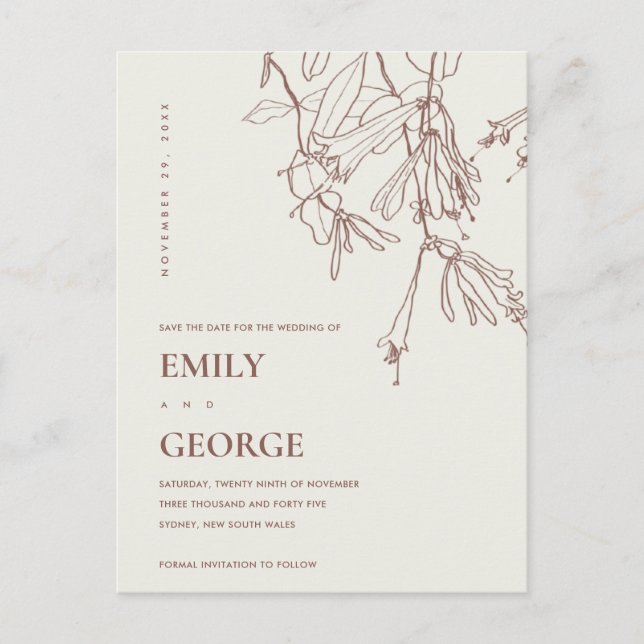BLUSH OFF WHITE LINE DRAWING FLORAL SAVE THE DATE ANNOUNCEMENT POSTCARD (Front)