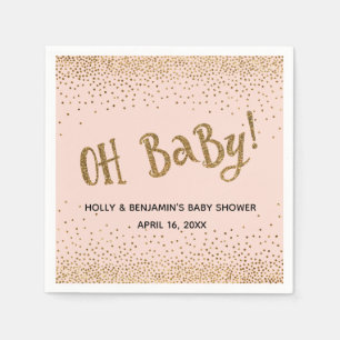 Blush "Oh Baby!" Gold Glitter Confetti Names, Date Napkin