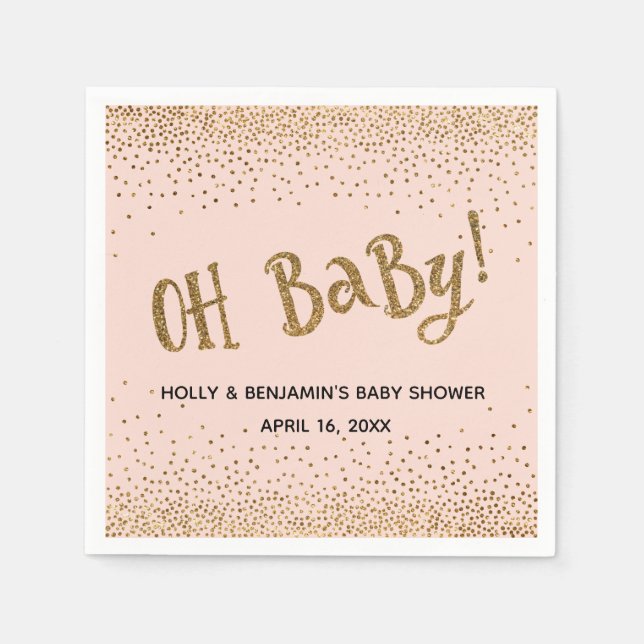Blush "Oh Baby!" Gold Glitter Confetti Names, Date Napkin (Front)