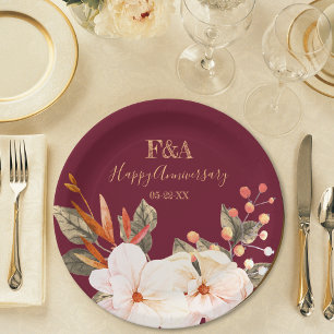 Blush Orange Floral Elegant Anniversary Monogram Paper Plate