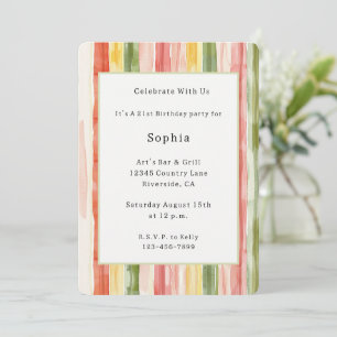 Blush Orange Yellow Green Stripes Birthday Invitation