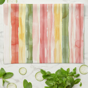 Blush Orange Yellow Green Stripes Tea Towel