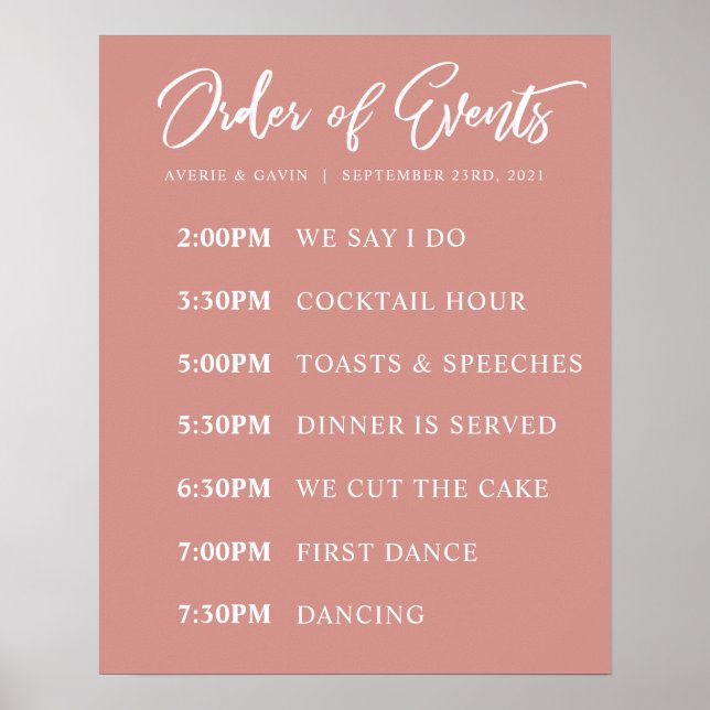 Blush Order of Events Wedding Day Schedule Poster (Front)