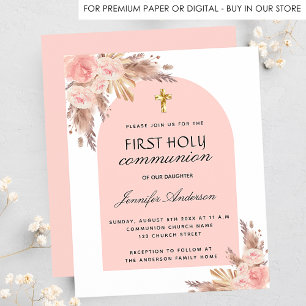 Blush pampas first communion budget invitation