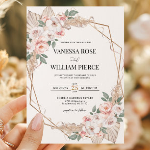 Blush Pampas Grass Boho Wedding Gold Geometric  Invitation