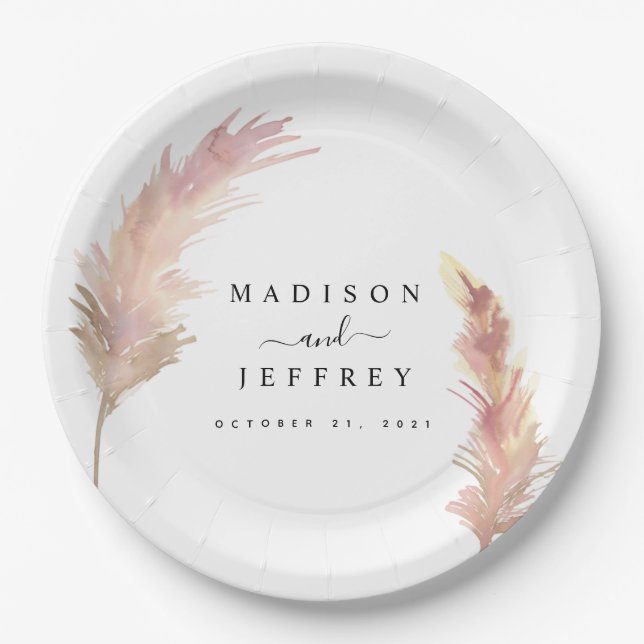 Blush Pampas Grass Minimalist Wedding Paper Plate (Front)