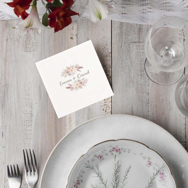 Blush Pampas Grass Wedding Cocktail Napkin (Creator Uploaded)