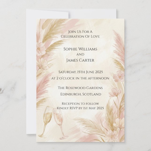 Blush Pampas Grass Wedding Invitation (Front)