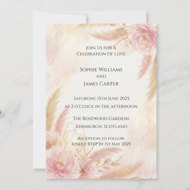 Blush Pampas Grass Wedding Invitation (Front)