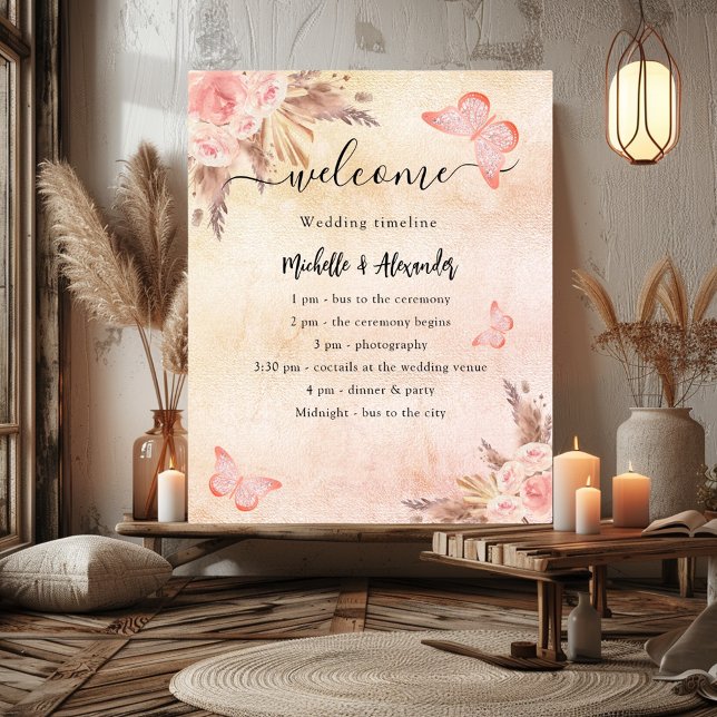 Blush pampas rose floral wedding program timeline poster (Creator Uploaded)