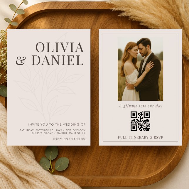 Blush Pastel Botanical Photo QR Code Wedding Invitation (Creator Uploaded)