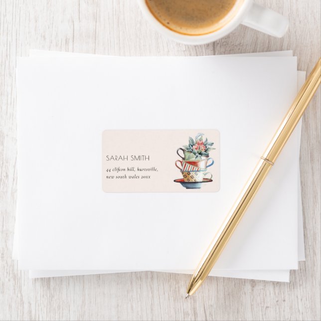 Blush Pastel Stacked Cups Floral Tea Party Address Label (Insitu)